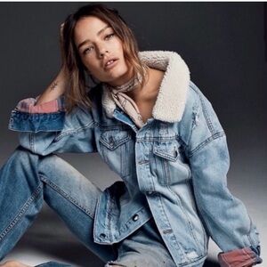 Free People Flannel Lined Trucker Jacket with Faux Shearling Collar Sz M